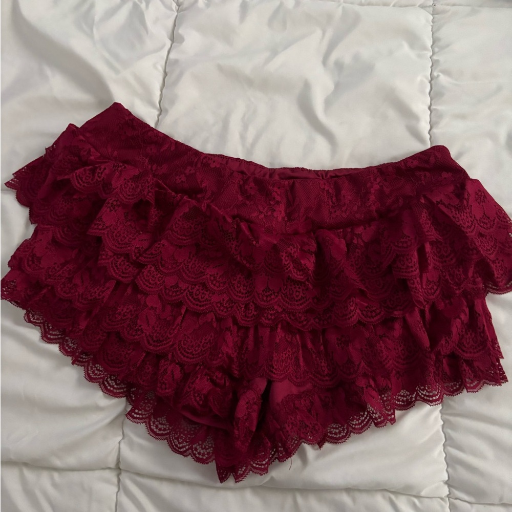 SHEIN Burgundy Lace Ruffle Shorts